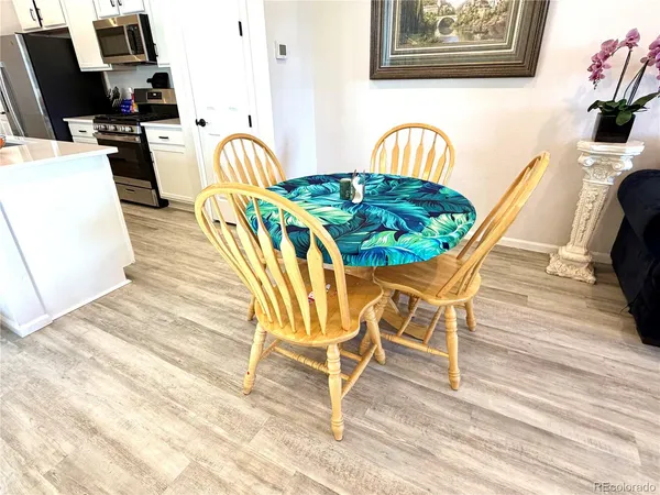 a view of a dining room with furniture one side kitchen view