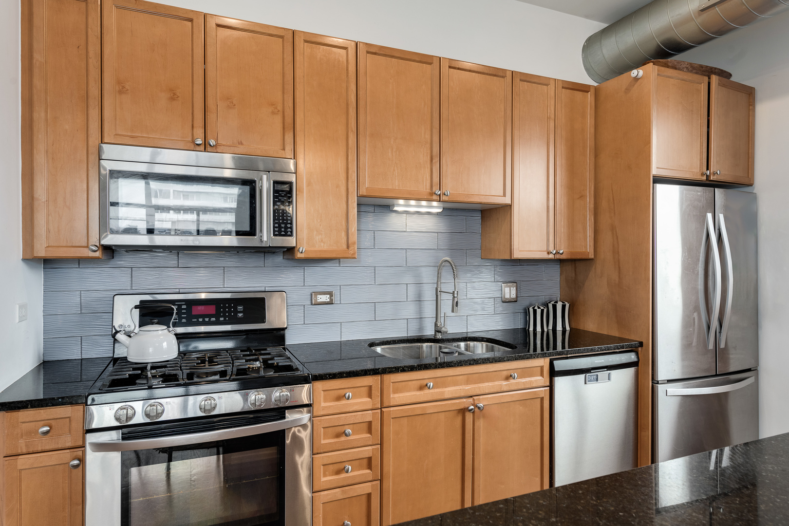 23 North Green Street, Unit 402 Chicago, IL 60607 - Photo 11 of 18 a kitchen with stainless steel appliances granite countertop a stove a refrigerator and a microwave
