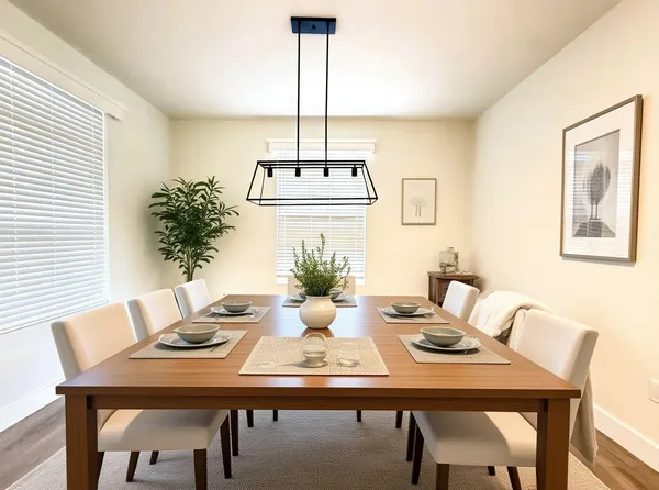 a view of a dining room with a table and chairs