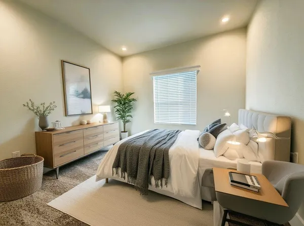 a bedroom with a bed and a dresser