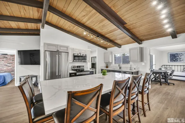 a view of a dining room with furniture