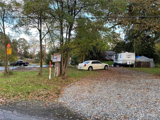 a white house covered with tall trees