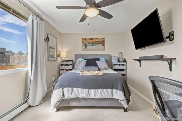 a bedroom with a bed and flat screen tv