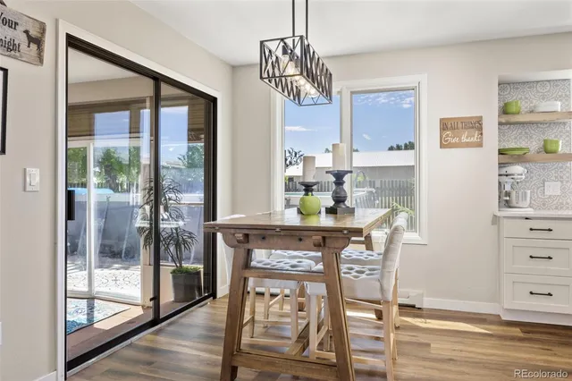 a view of a dining room with furniture window and wooden floor