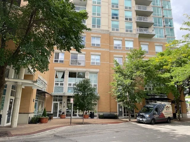 front view of a building with a street