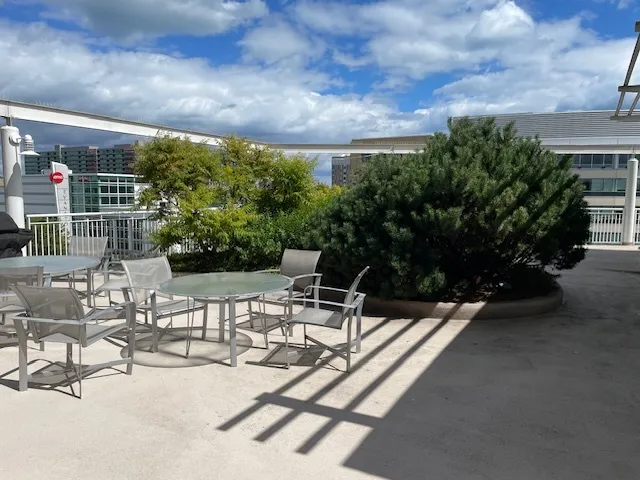 a view of a patio with a table and chairs and potted plants