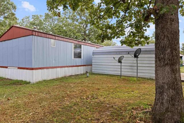 a view of a backyard with a small cabin