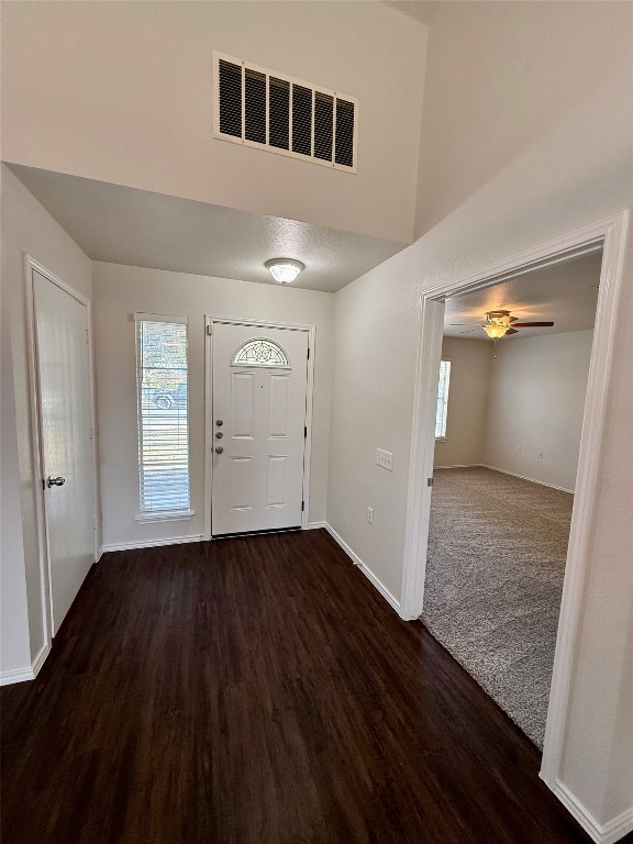 18304 Belfry Pass Manor, TX 78653 - Photo 5 of 26 Entryway featuring dark wood-style flooring, healthy amount of natural light, and a ceiling fan