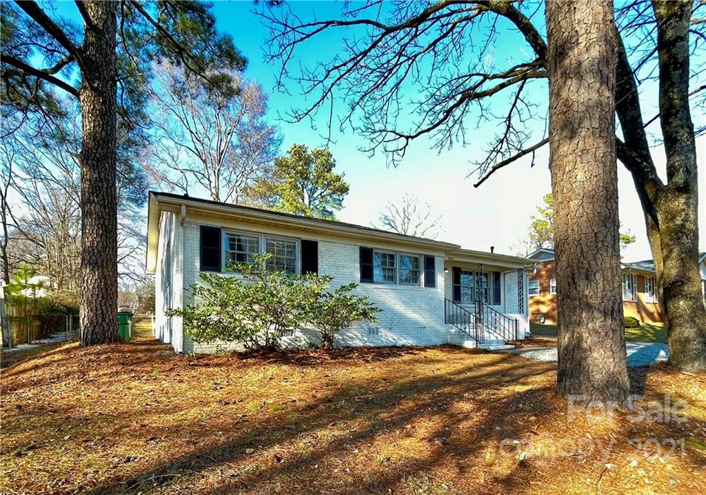 a view of a yard in front of a house with large tree