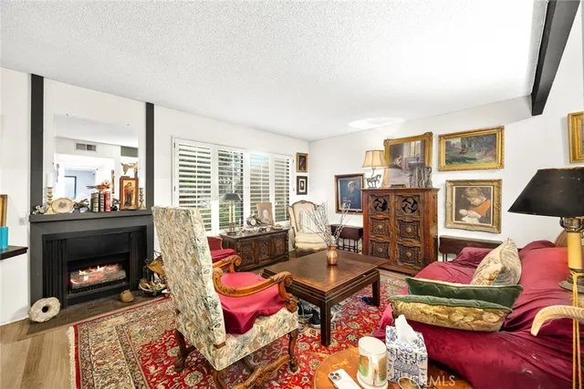 a living room with furniture a fireplace and a floor to ceiling window