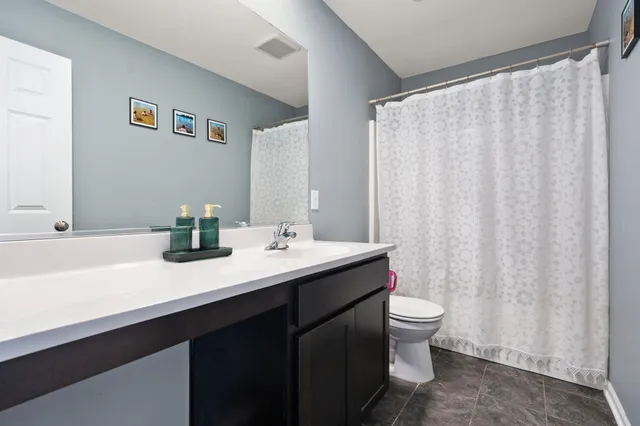 a bathroom with a sink a toilet and shower curtain