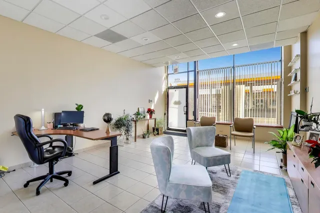 a workspace with furniture and a potted plant