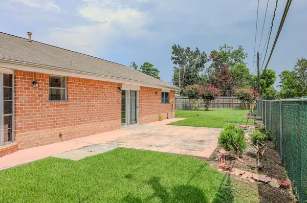 a backyard of a house with plants and large tree