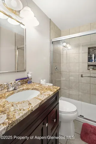 a bathroom with a granite countertop sink a toilet and shower
