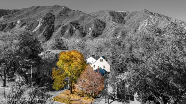 a aerial view of a house with a yard and large tree