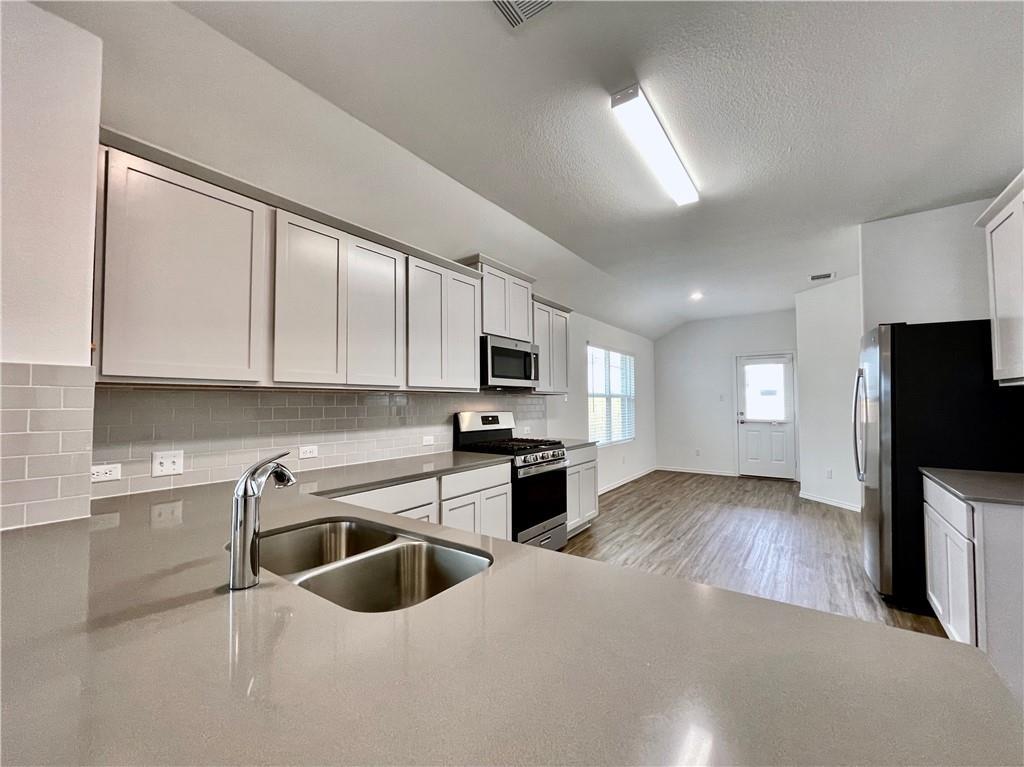 126 Canley Loop Hutto, TX 78634 - Photo 12 of 24 a kitchen with stainless steel appliances granite countertop a sink and microwave