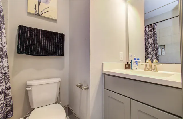 a white toilet sitting next to a shower curtain