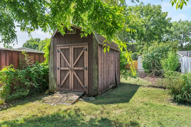a view of backyard with potted plants and a large tree