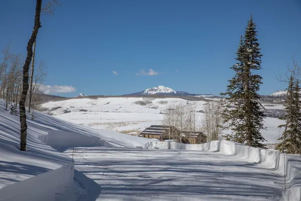 a view of a yard with mountains in the background