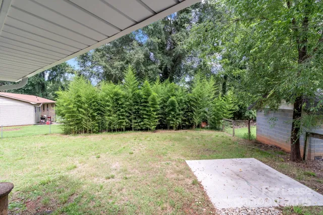 a view of a backyard with plants and large trees