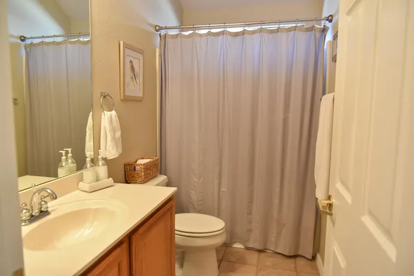 a bathroom with a sink a toilet and shower curtain
