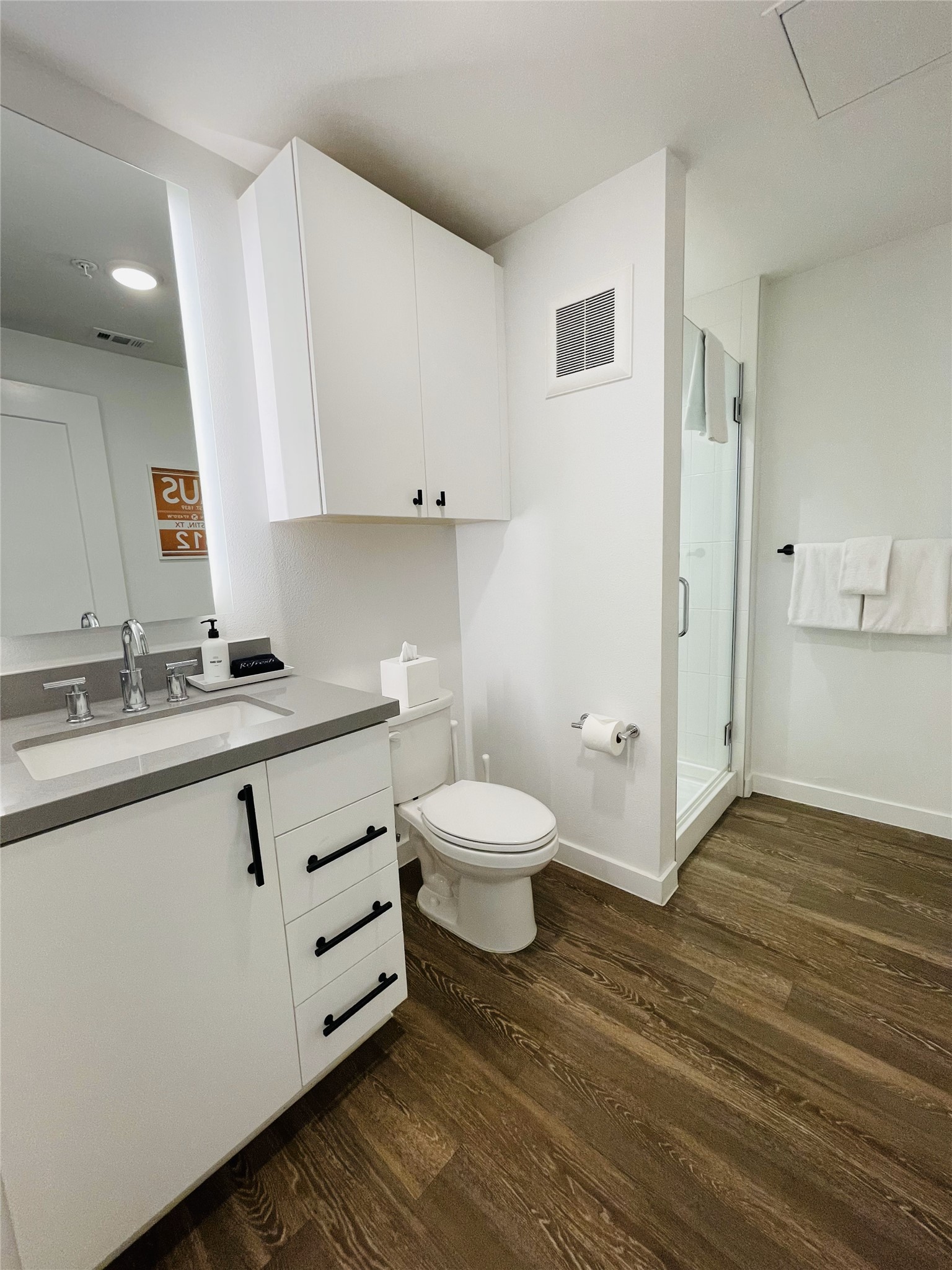 49 Navasota Street, Unit 201 Austin, TX 78702 - Photo 10 of 13 Bathroom featuring a stall shower, vanity, and dark wood-type flooring