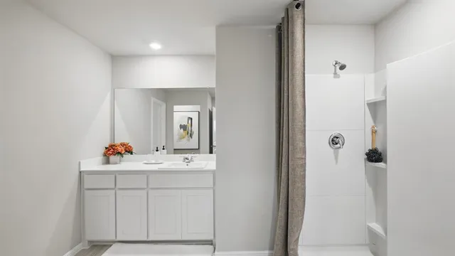 a bathroom with a shower sink and mirror