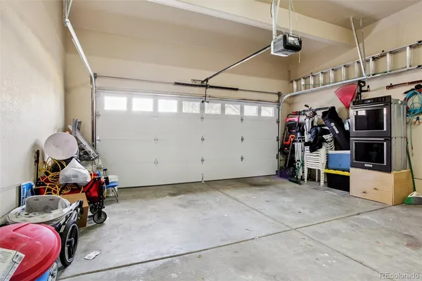 a view of a garage with storage