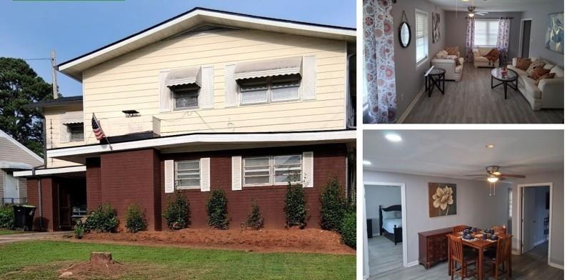 a view of a house with yard and chairs