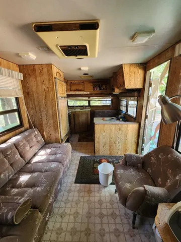 a view of a yard with plants and trees