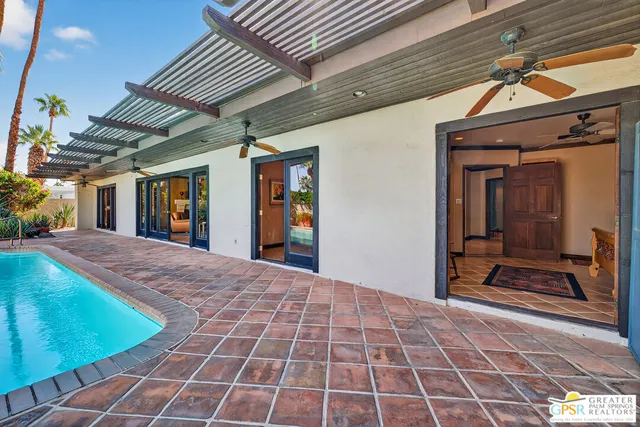 an outdoor space with seating