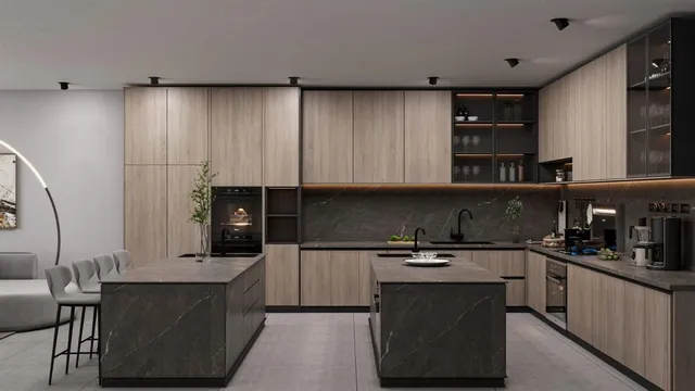 a kitchen with a sink and cabinets