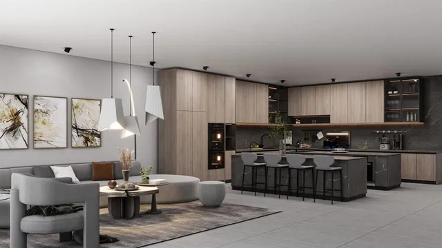 a kitchen with stainless steel appliances kitchen island granite countertop a stove top oven a sink dishwasher a dining table and chairs