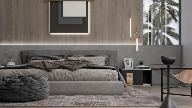 a bedroom with a bed and a chair