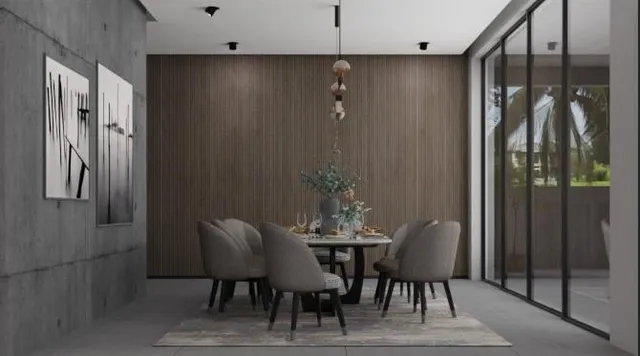 a view of a dining room with furniture