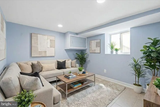 a living room with furniture plant and a window