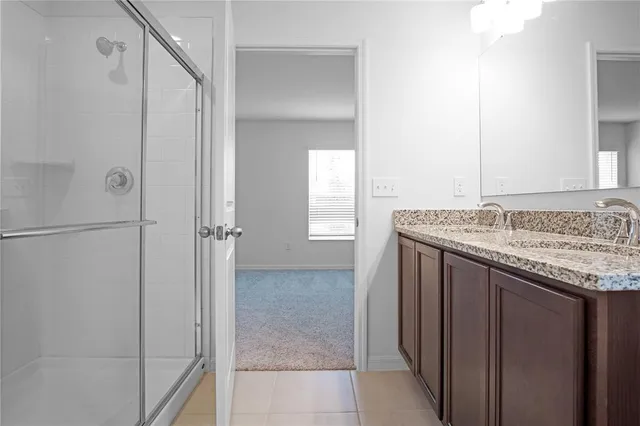 a bathroom with a granite countertop sink and shower