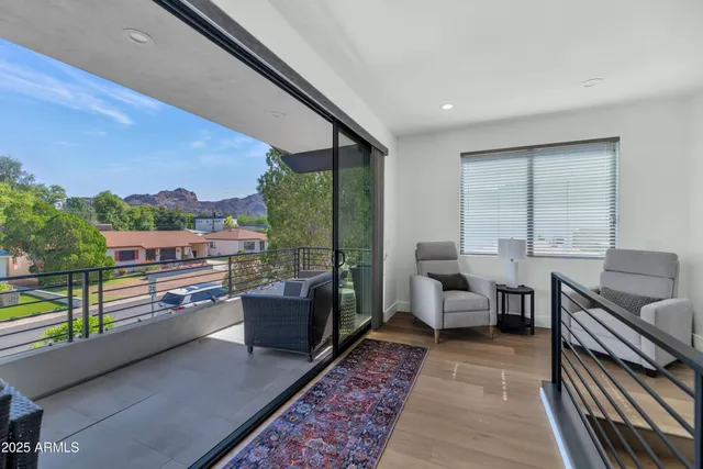 a living room with furniture city view