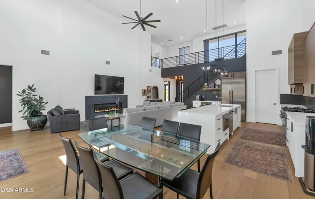 a view of a dining room with furniture