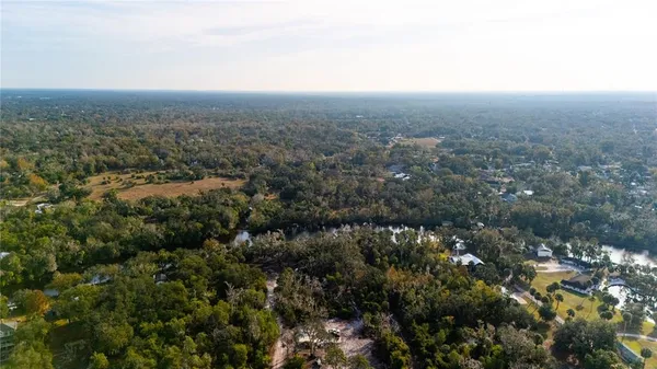 an aerial view of residential house with residential space and trees all around