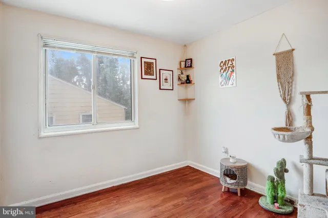 a view of an empty room with wooden floor and a potted plant