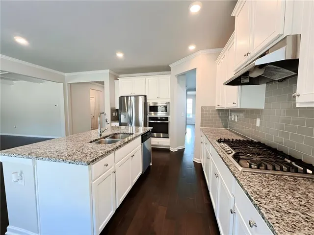 a kitchen with stainless steel appliances granite countertop a stove a sink dishwasher and a refrigerator