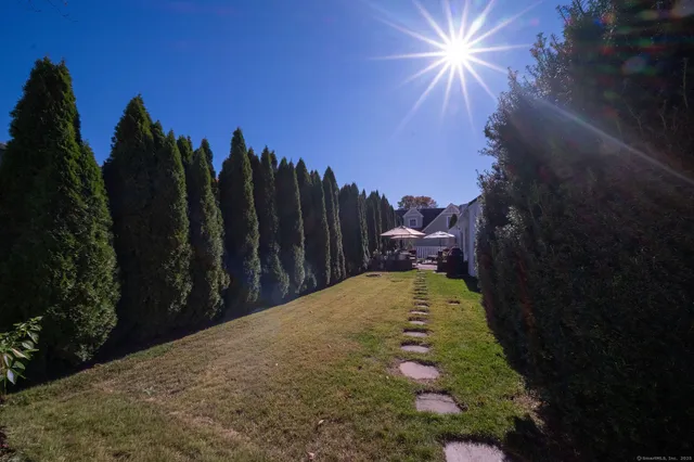 a view of a wooden house with a large tree