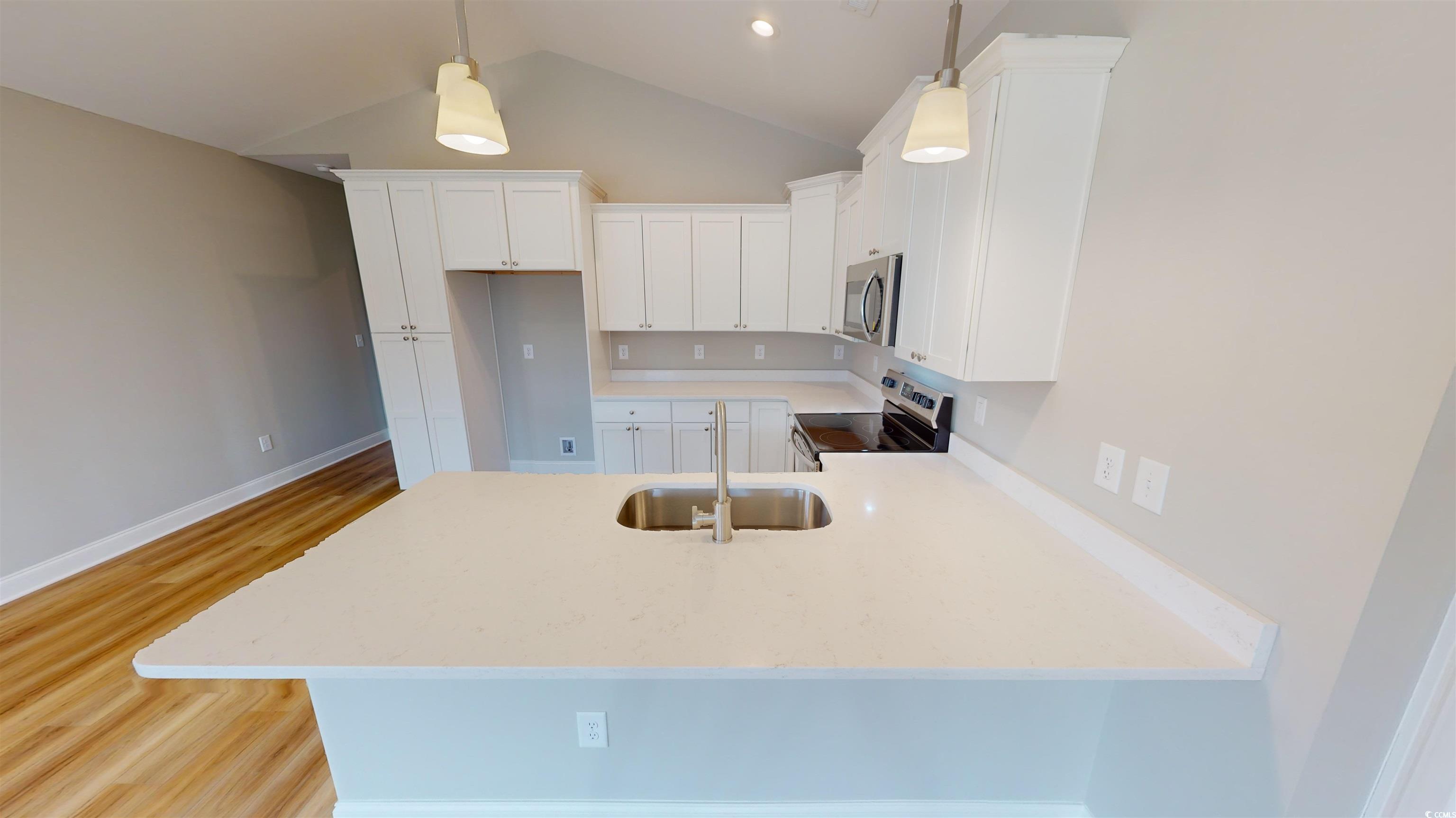 1044 Moen Loop, Unit LOT 12 Conway, SC 29526 - Photo 5 of 16 Kitchen featuring white cabinetry, stainless steel appliances, light stone countertops, vaulted ceiling, and a peninsula