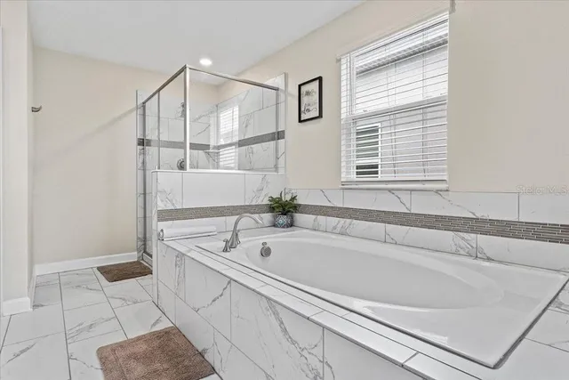 a bathroom with a bathtub and a shower