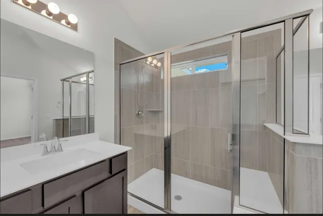 a bathroom with a shower sink and mirror