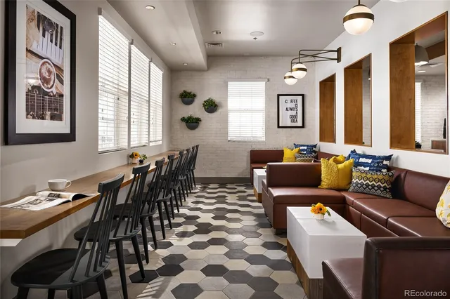 an outdoor space with seating