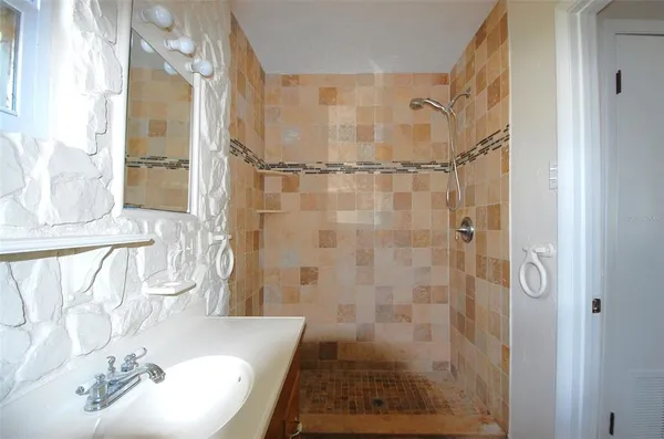 a bathroom with a sink and a shower