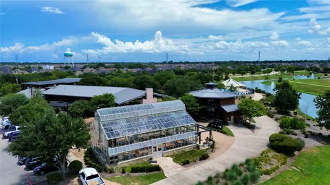 an aerial view of a swimming pool