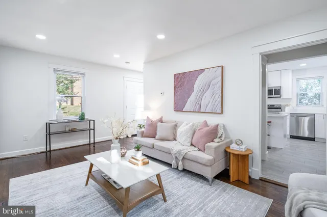 a living room with furniture flowerpot and wooden floor